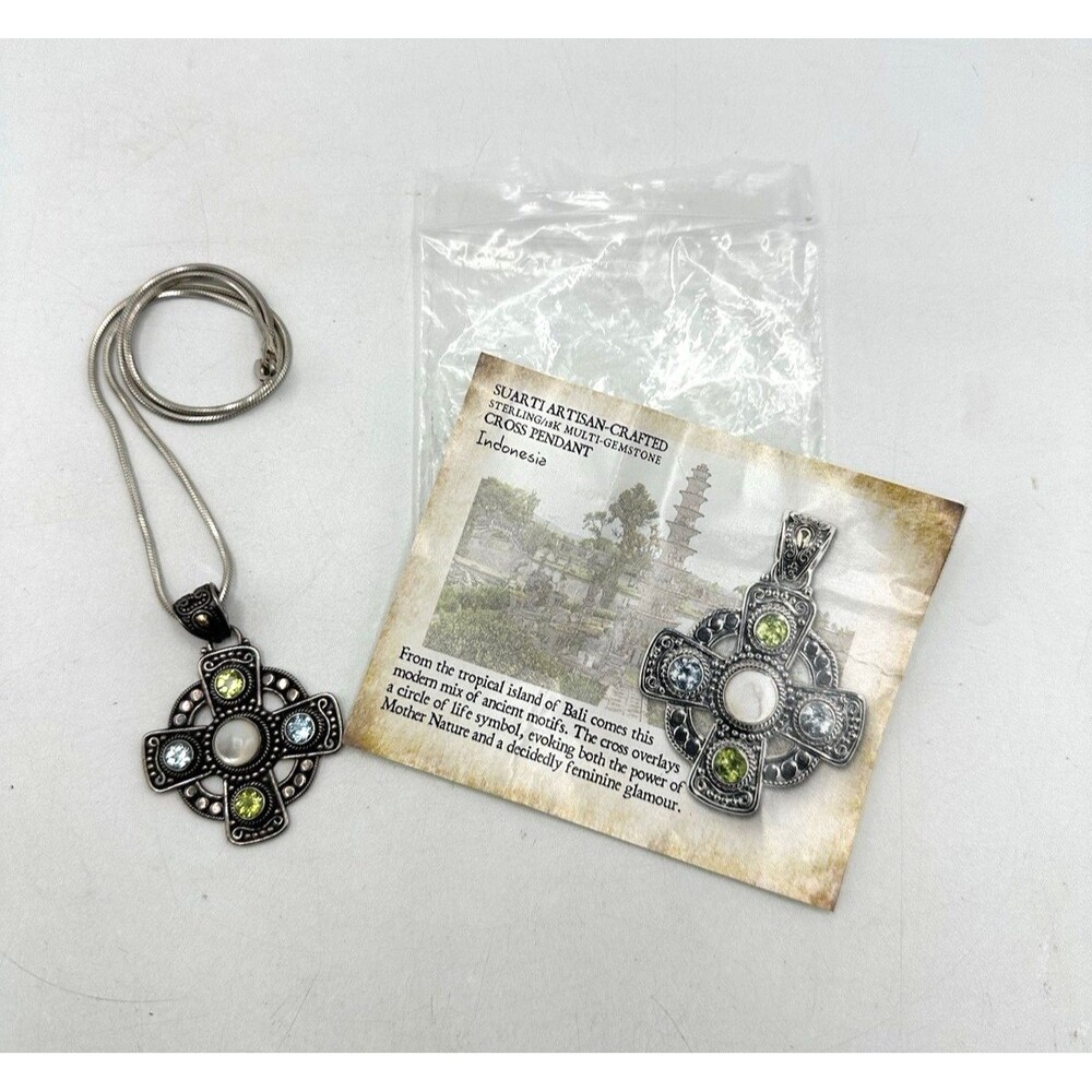 Bali Style Suarti Cross Pendant Sterling Silver 18k Gold Gemstone BA Indonesia